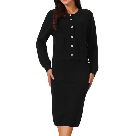 Two Piece Winter Button Down Cardigan Midi Skirts Casual Lounge Set Black - Picture 1 of 5